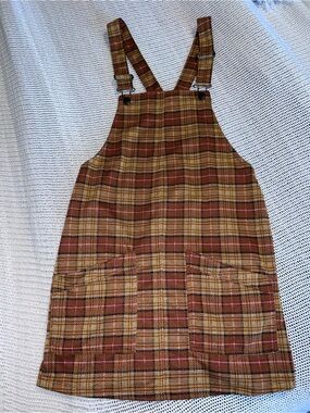 Womens Plaid Pinafore Dress in Brown and Tan